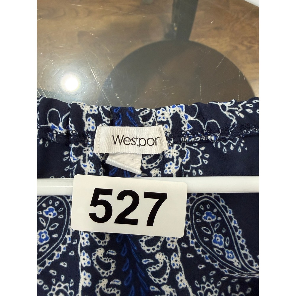 Westport Womens Navy Blue Paisley Medallion Peasant Blouse 3/4 Sleeve Top